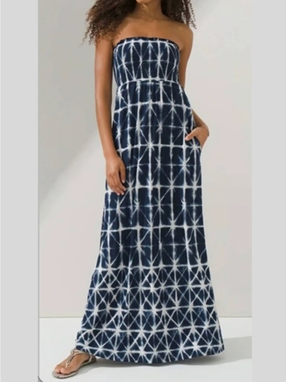 SOMA Womens Medium Blue White Tie Dye Strapless Maxi Dress With Pockets TT8